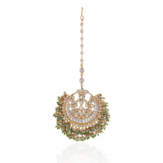 Green white hangings jadtar maangtikka
