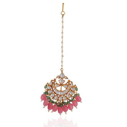 Pink beaded green hangings maang tikka