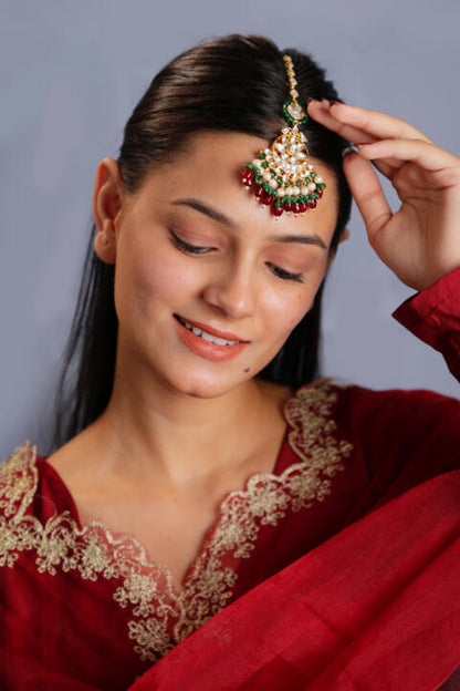Red beads with green hangings maang tikka