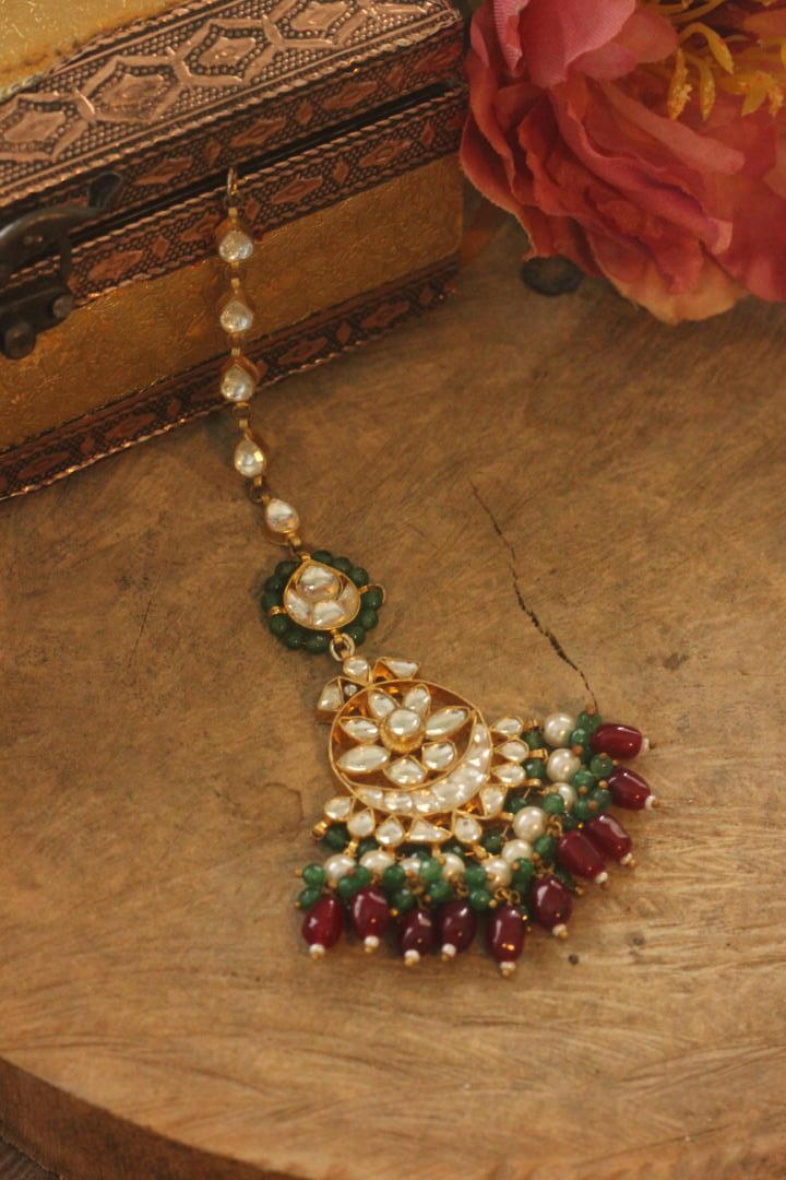 Red beads with green hangings maang tikka