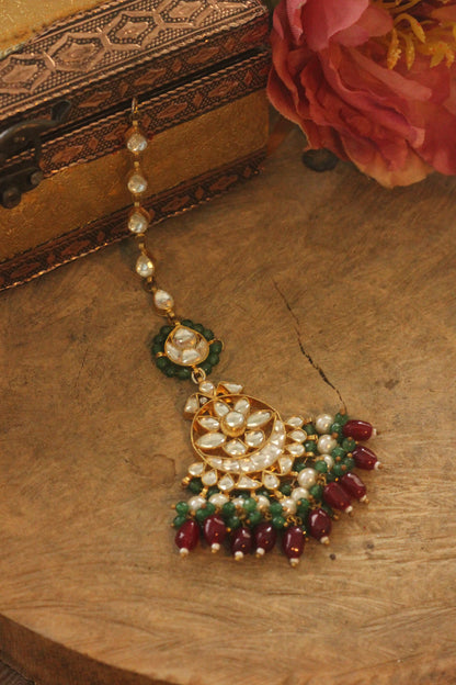 Red beads with green hangings maang tikka