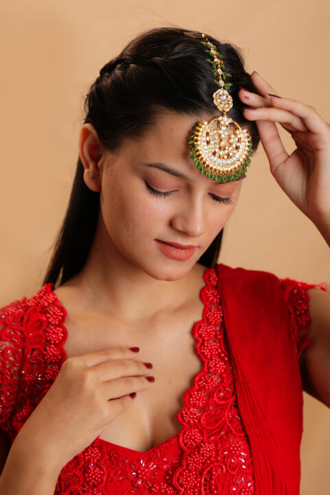 Traditional gold plated sea green beaded Maang tikka for women