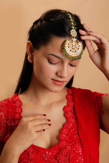 Traditional gold plated sea green beaded Maang tikka for women