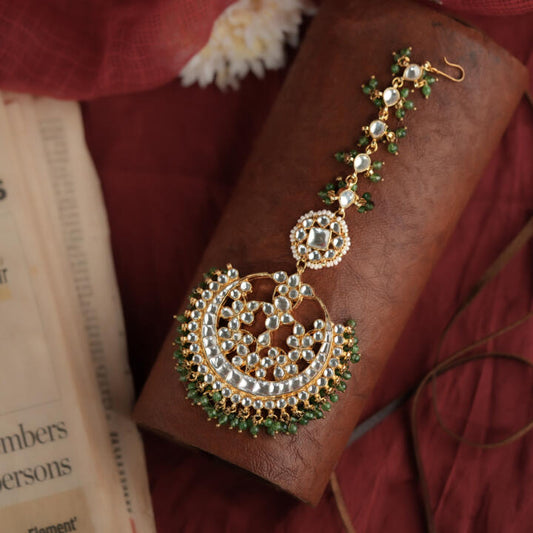 Traditional gold plated sea green beaded Maang tikka for women