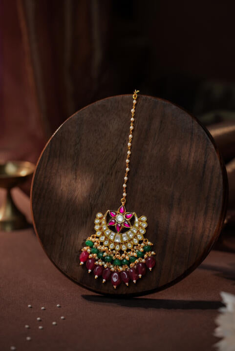 Ruby pink and emerald tikka handrafted in jadau stones