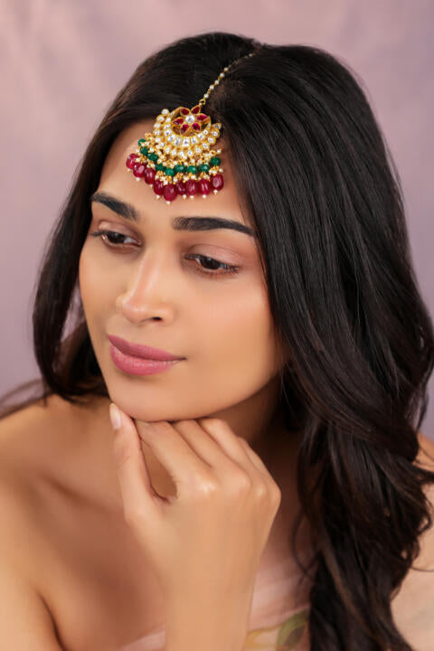 Ruby pink and emerald tikka handrafted in jadau stones