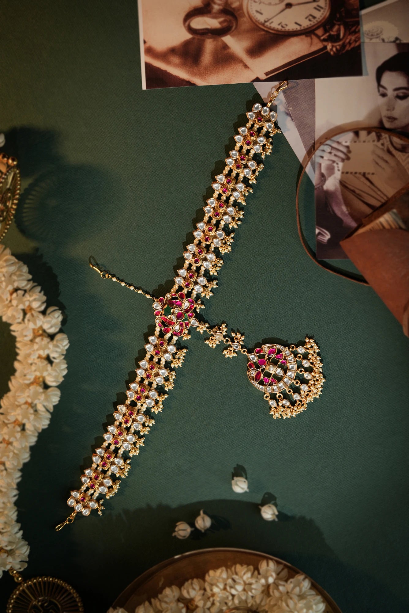 Peacock motive traditional Ruby & Emerald gold plated Mathapatti