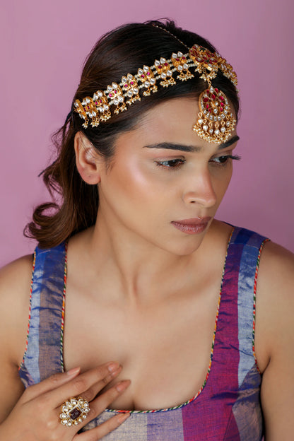 Peacock motive traditional Ruby & Emerald gold plated Mathapatti