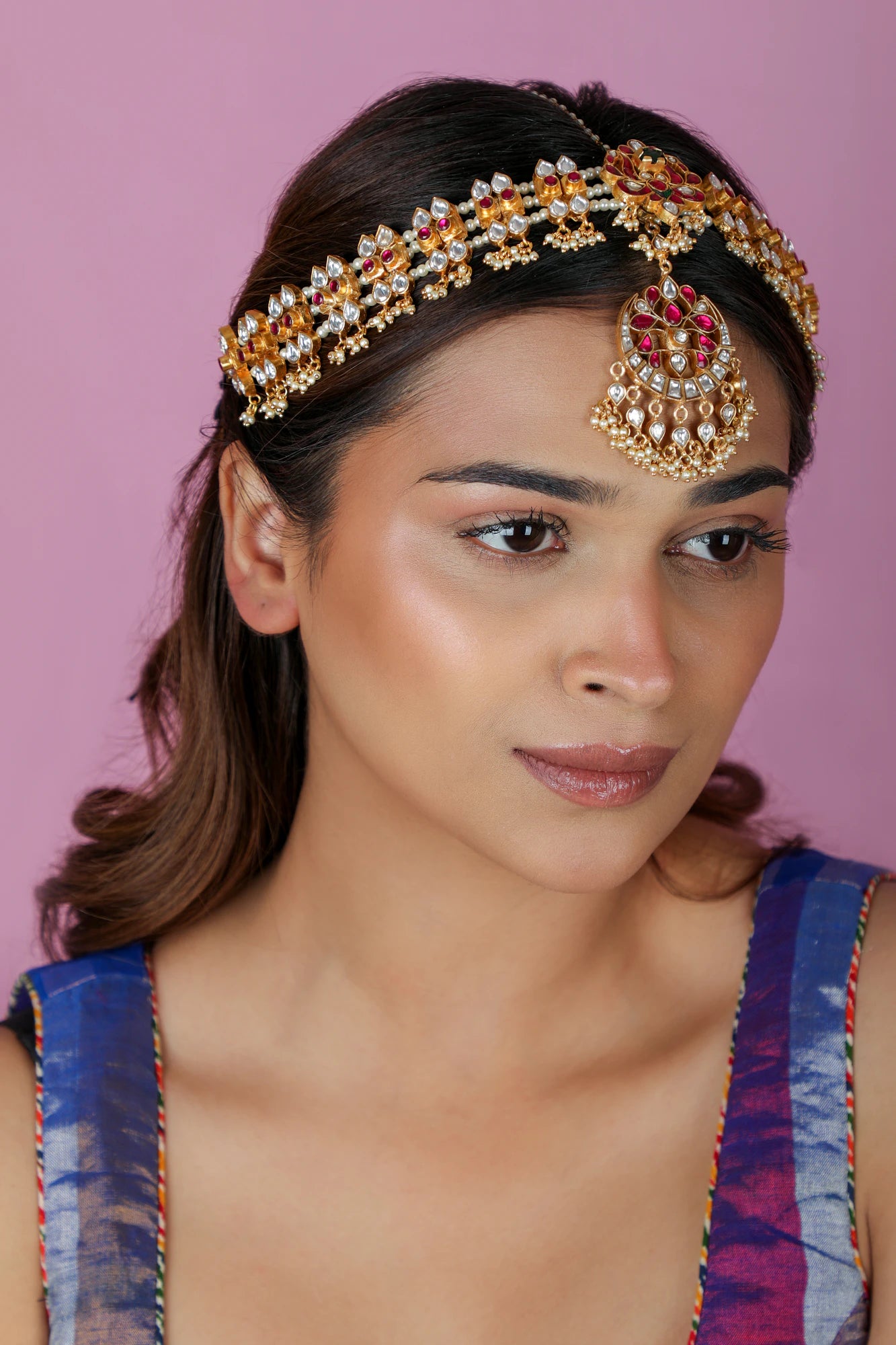 Peacock motive traditional Ruby & Emerald gold plated Mathapatti