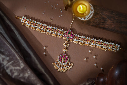 Peacock motive traditional Ruby & Emerald gold plated Mathapatti