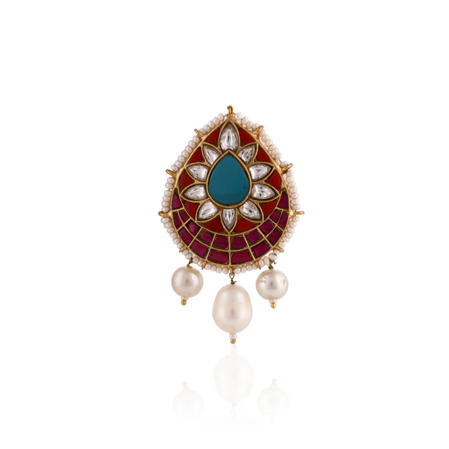 Firozi & Pink Stone With White Pearl Gold Plated Brooch