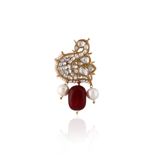 Peacock Design Gold Plated Brooch With Red And White Pearl