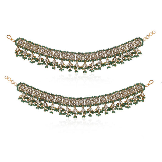 22Kt Gold Plated Payal Anklets With Sea Green Hangings(Pair)