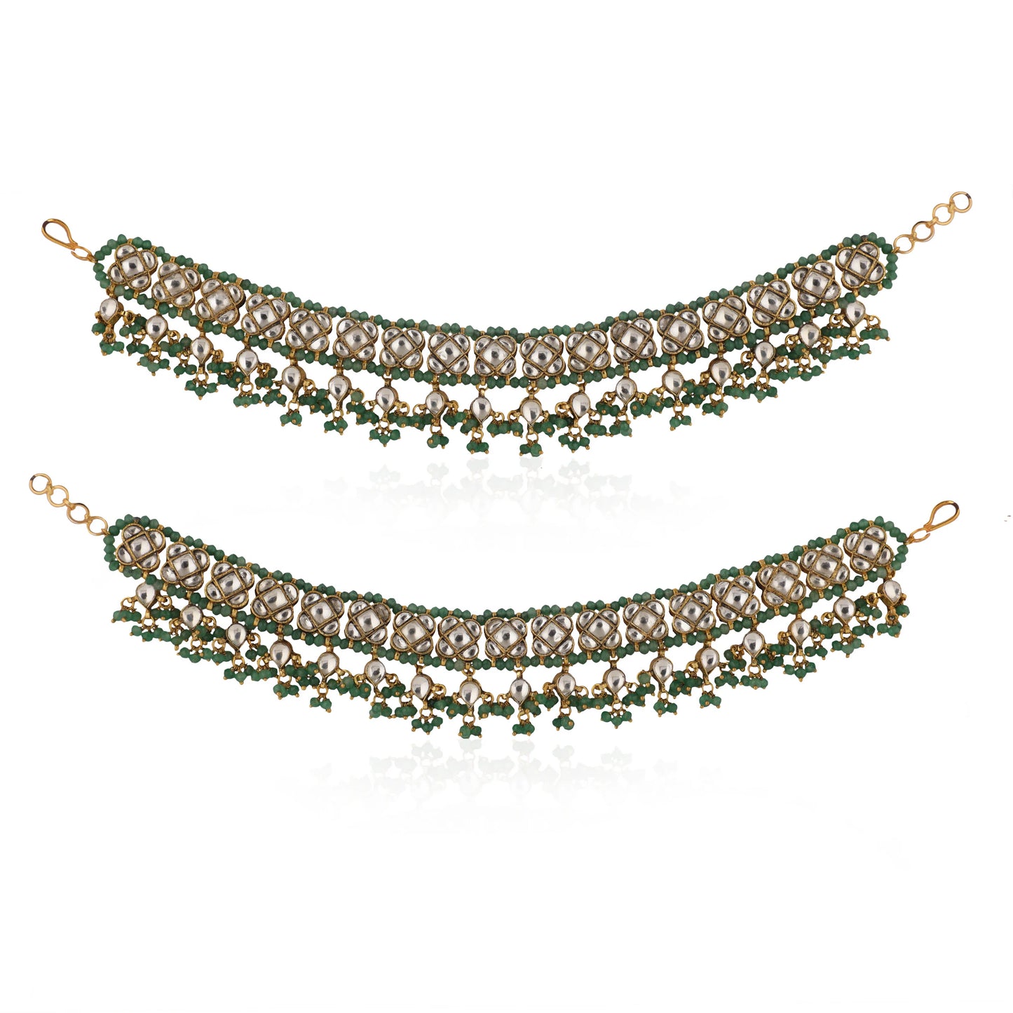 22Kt Gold Plated Payal Anklets With Sea Green Hangings(Pair)