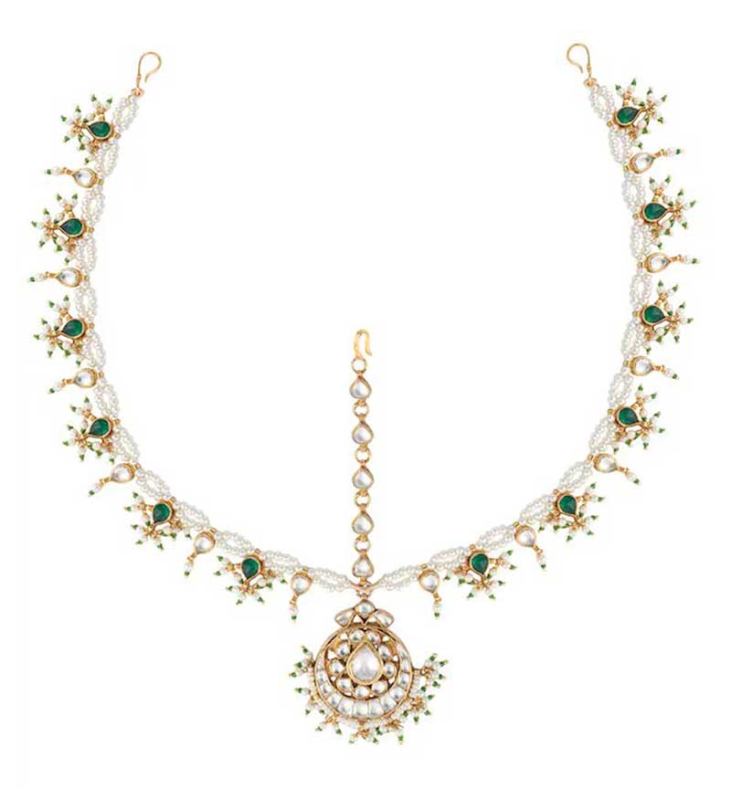 white & Green Jadtar & Beads Studded Mathapatti