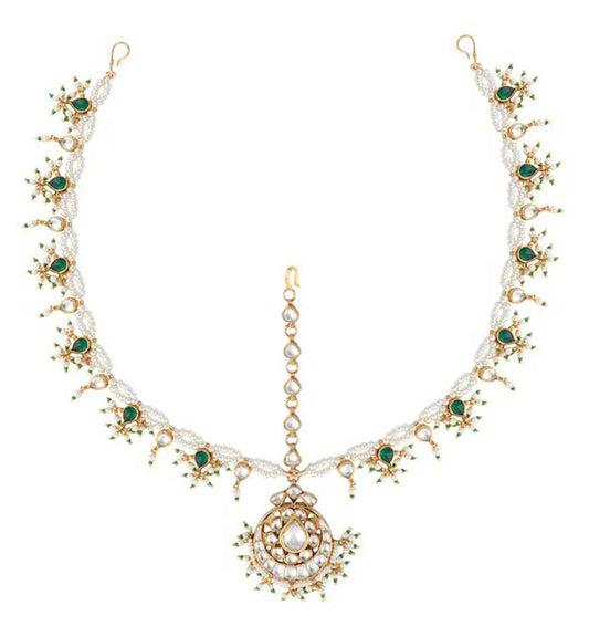 white & Green Jadtar & Beads Studded Mathapatti