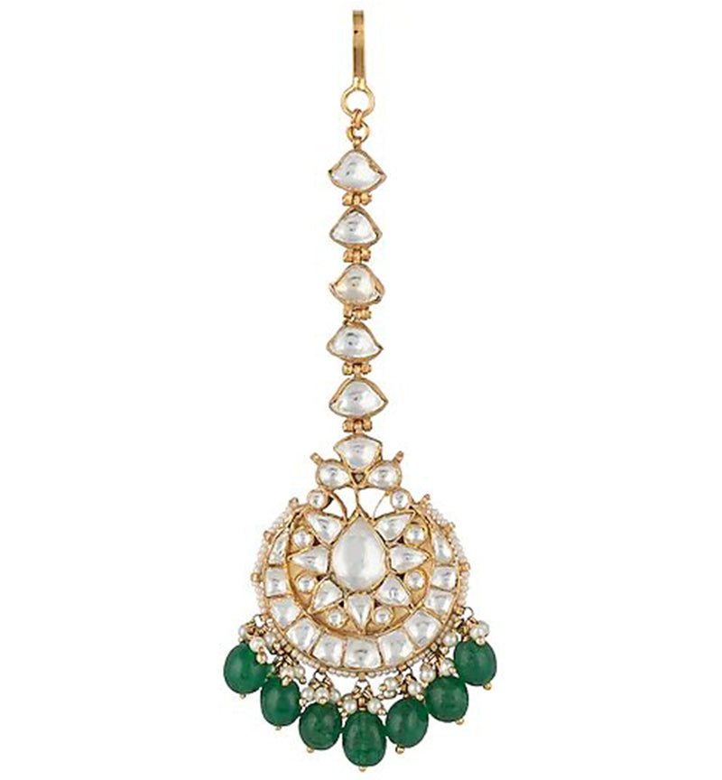 White Jadtar and Green Pearl Studded Bridal Maang tikka