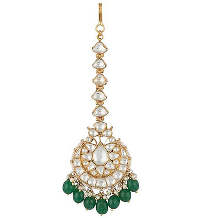 White Jadtar and Green Pearl Studded Bridal Maang tikka