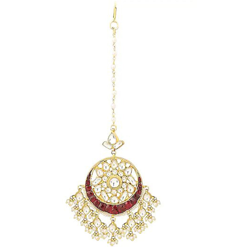 White and Maroon Jadtar Studded Gold Plated Maang tikka Jewellery