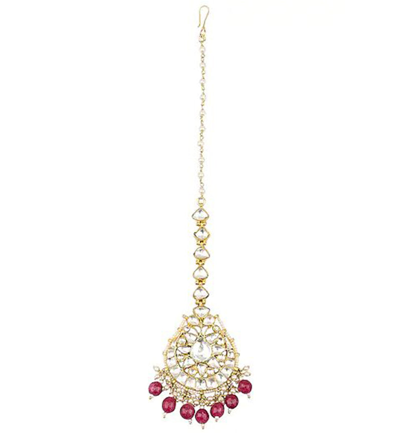 White Jadtar and Maroon Pearl Studded Maang tikka Jewelry
