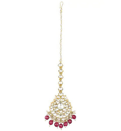 White Jadtar and Maroon Pearl Studded Maang tikka Jewelry