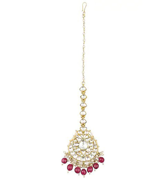 White Jadtar and Maroon Pearl Studded Maang tikka Jewelry