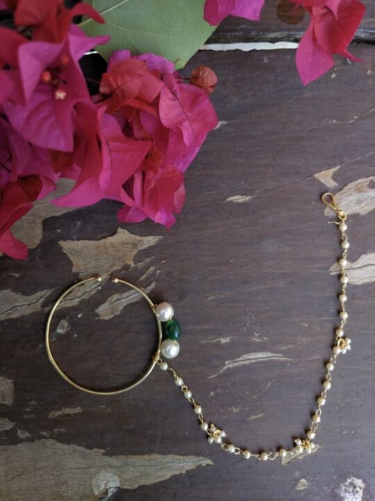 Green And White Pearl Nosering Of Gold Coating