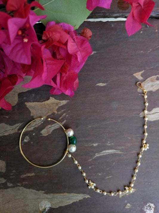 Green And White Pearl Nosering Of Gold Coating