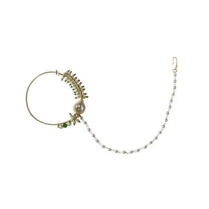 Nose Ring With Pearls And Green Beads