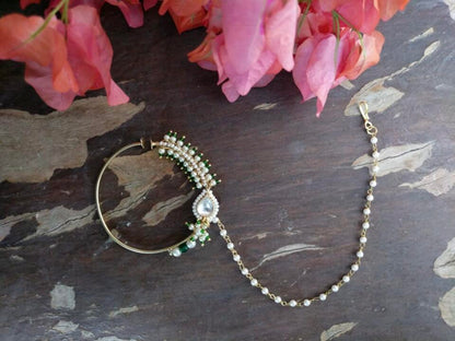 Nose Ring With Pearls And Green Beads