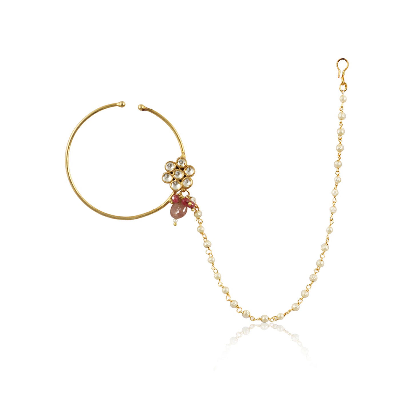 White Floral Nath With Pastel Pink Beads