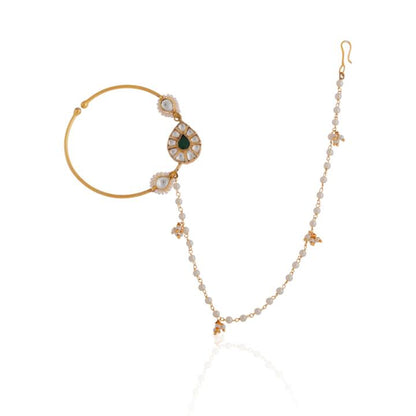 Traditional wear green stone gold plated nath