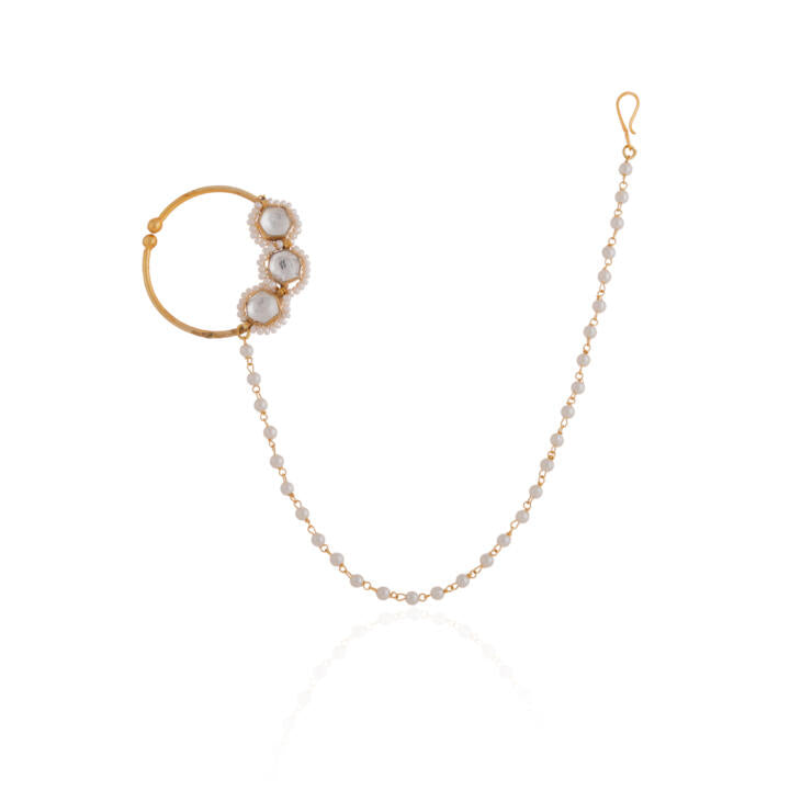 Gold toned white pearl beaded designer nath nose ring with chain
