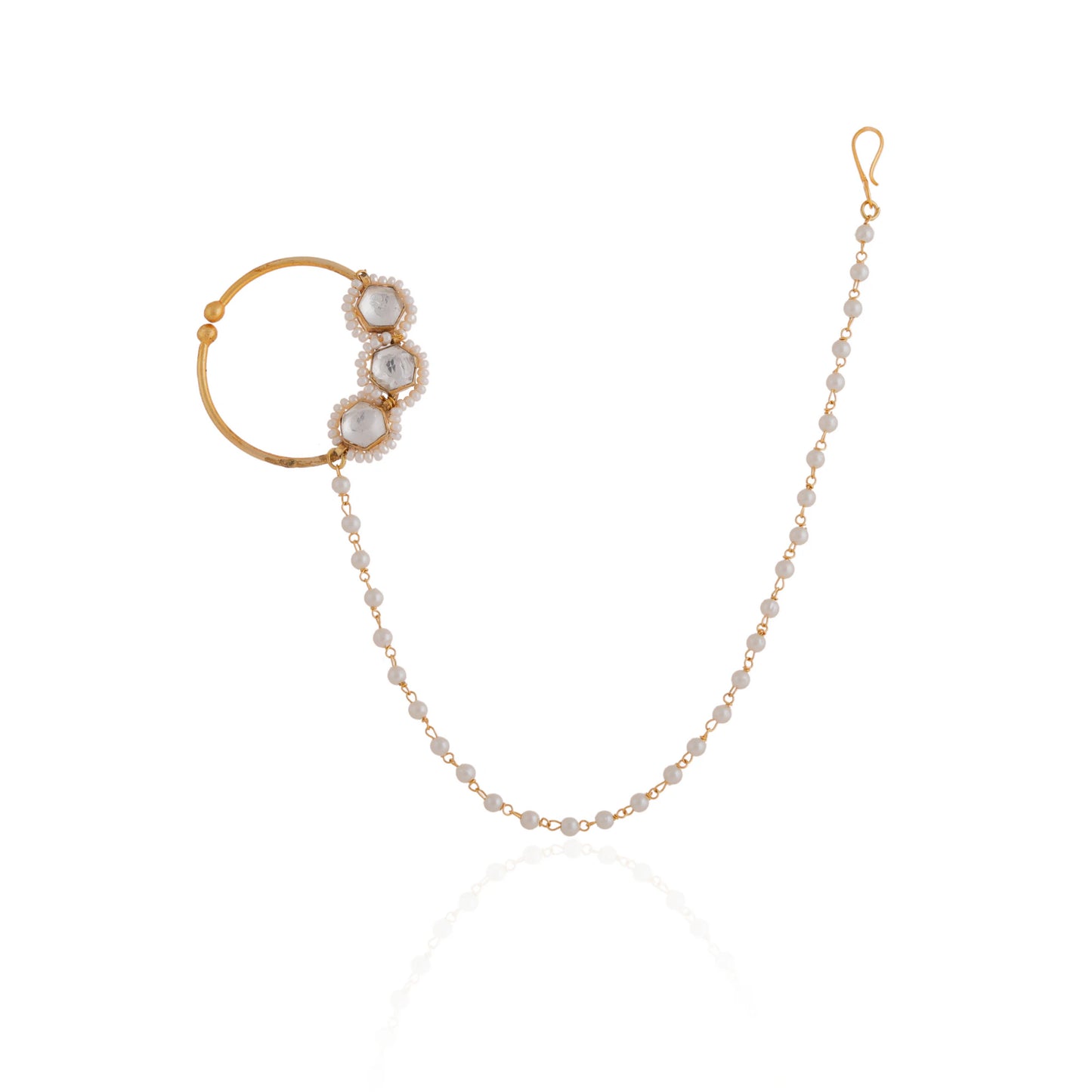 Gold toned white pearl beaded designer nath nose ring with chain