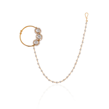 Gold toned white pearl beaded designer nath nose ring with chain