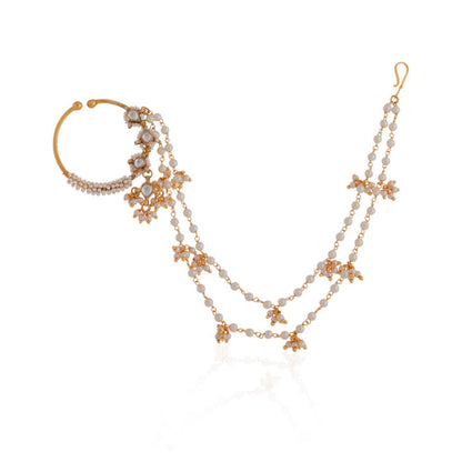 Gold plated traditional and jadau nath,nathni with multilayer pearl chain for woemn