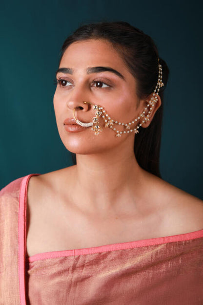 Gold plated traditional and jadau nath,nathni with multilayer pearl chain for woemn
