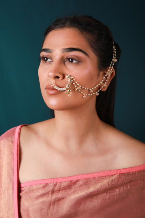 Gold plated traditional and jadau nath,nathni with multilayer pearl chain for woemn