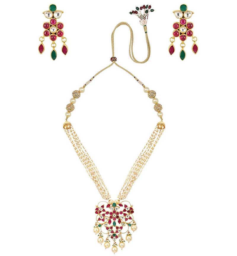 Mutlicolored Jadtar Stone and Pearl Neclace with Earrings