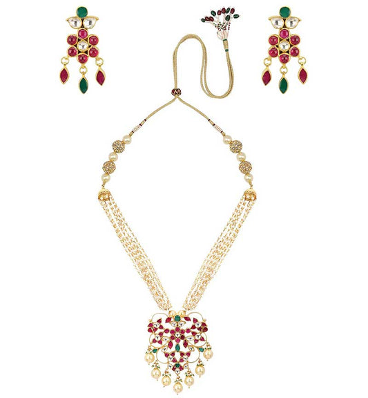 Mutlicolored Jadtar Stone and Pearl Neclace with Earrings