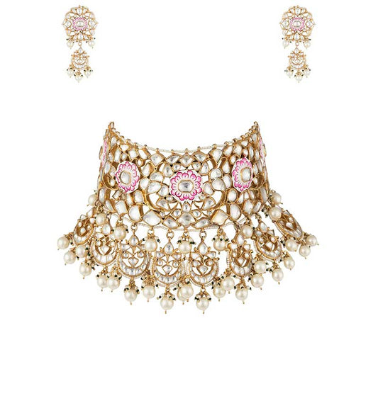 Meenakari worked full neck covering Necklace set with long earrings