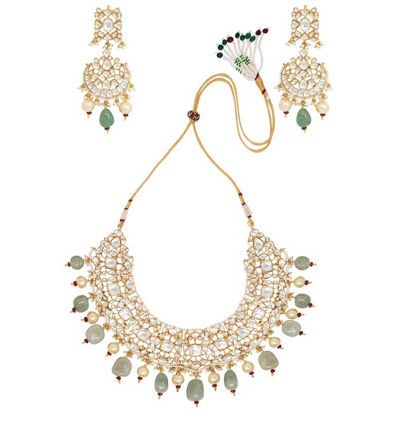 Sea green and white jadtar and pearl studded necklace set