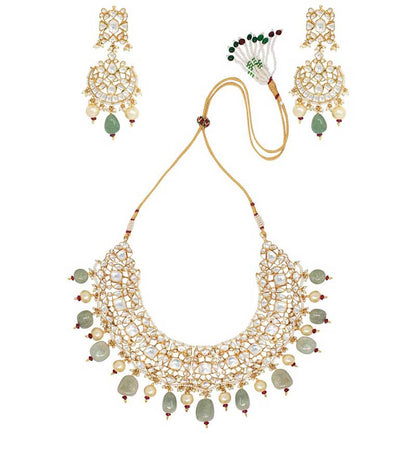 Sea green and white jadtar and pearl studded necklace set