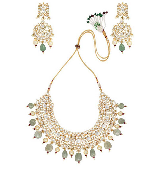 Sea green and white jadtar and pearl studded necklace set