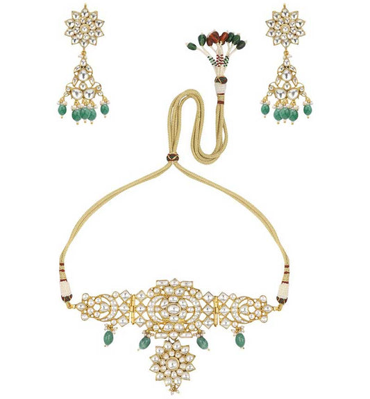 Chocker Set of Sea Green Pearls and White Jadtar