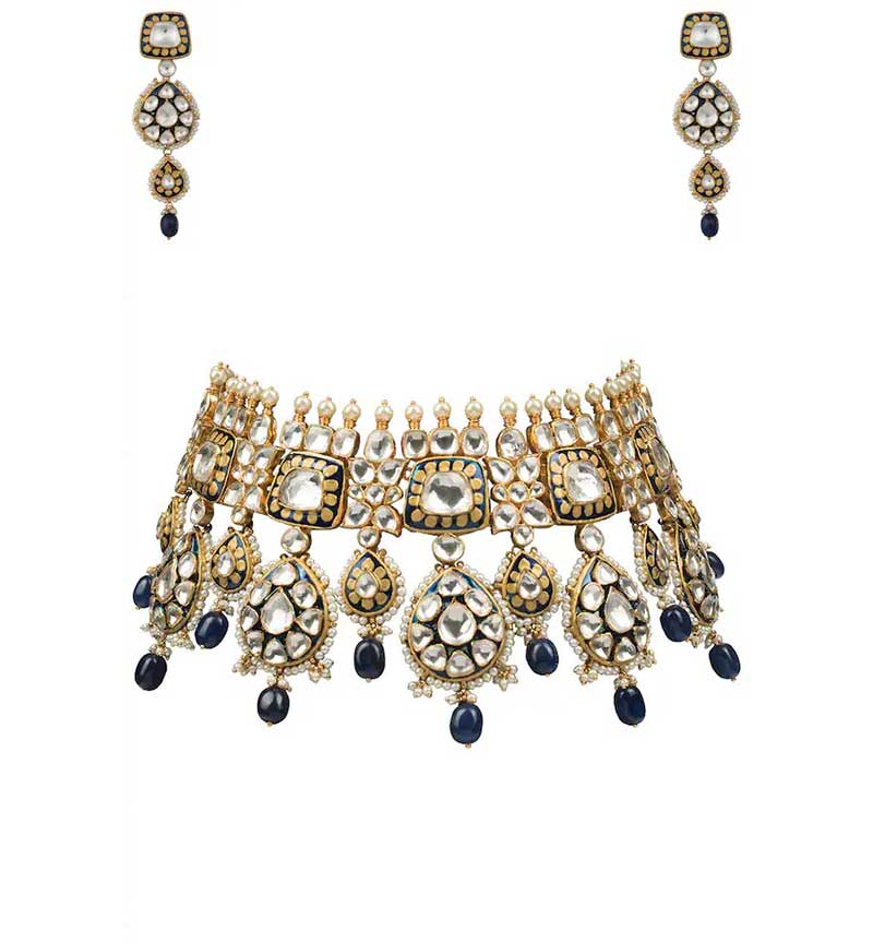 Blue and White Jadtar and Meena worked Necklace
