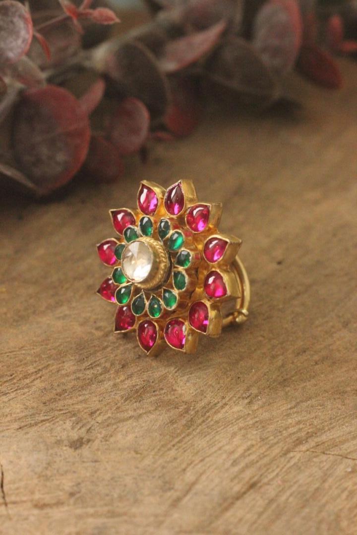 Red, Green & White Jadtar Ring With Gold Coating