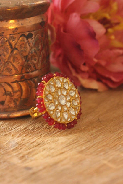 Red Moti Work White Jadtar Stone Ring