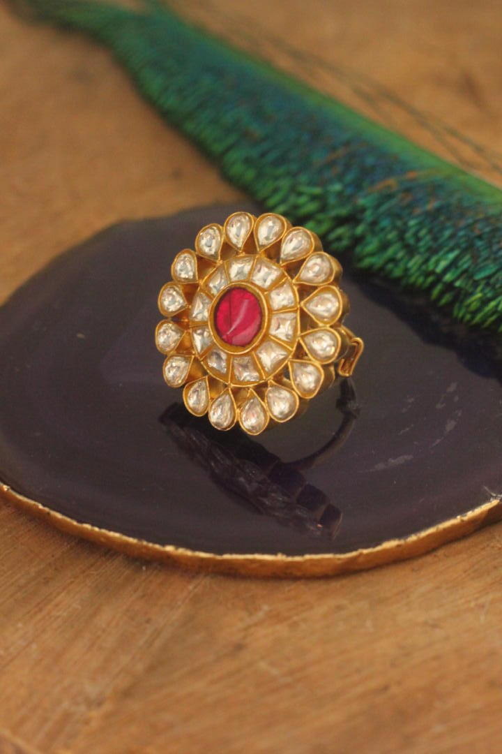 White  Jadtar Ring With Pink Center