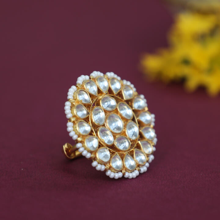 Traditional Ring In Floral Design With White Studded Jadtar Stones